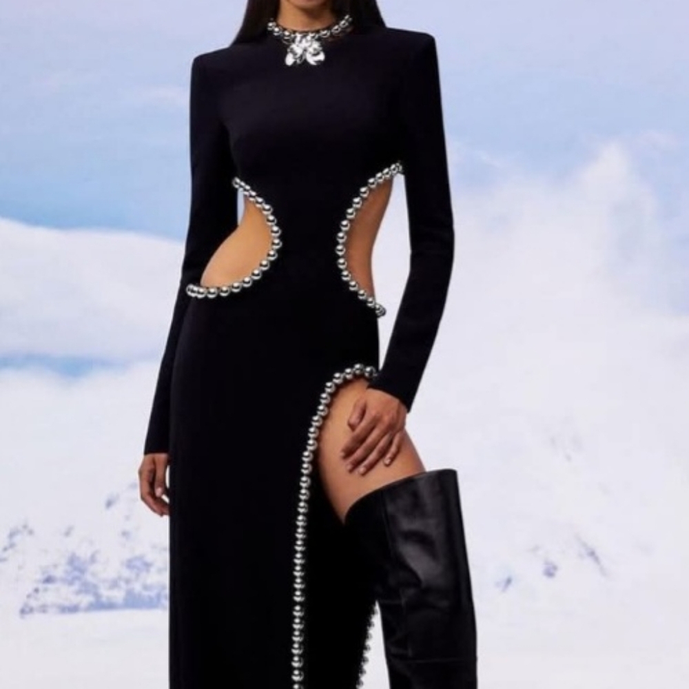 Black bodycon maxi dress with long sleeves and cutouts